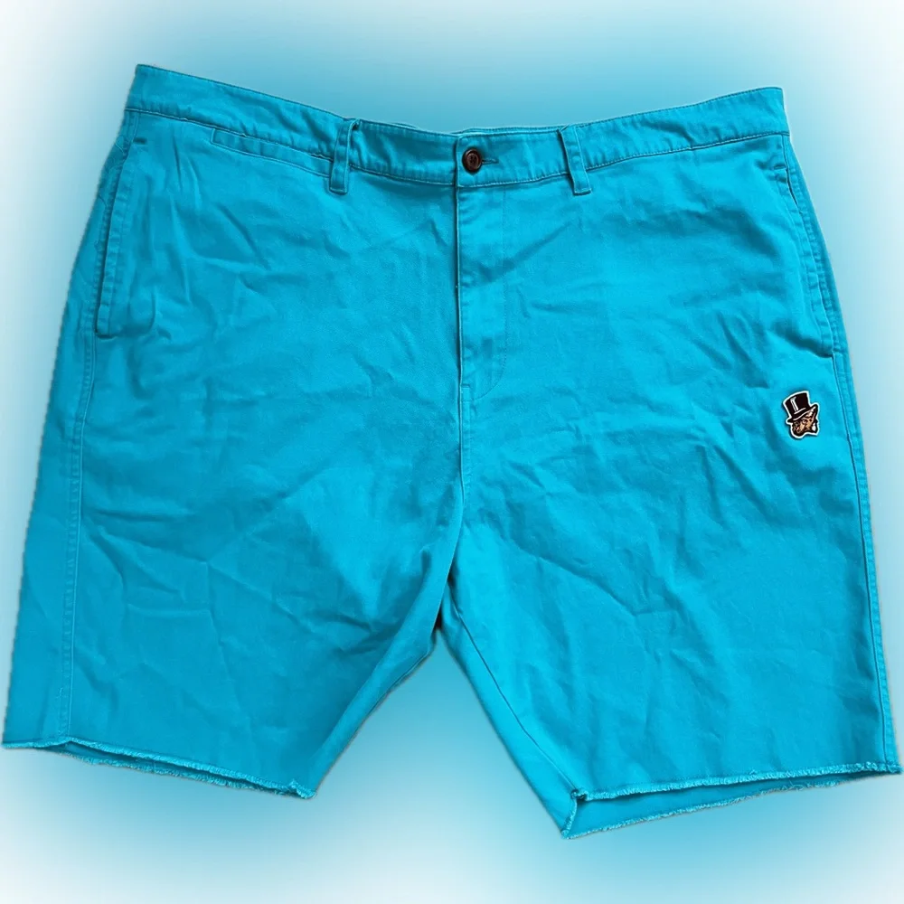 🧵42W 9” Inseam — Men's Teal Akoo Shorts | Raw Hem | Zipper & Button Closure